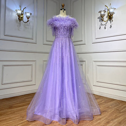 Serene Hill Blue Boat Neck Luxury Evening Dresses Gowns 2025 Short Sleeves Beaded Feather A-Line For Women Party LA71524 - SERENE HILL