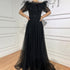 Serene Hill Blue Boat Neck Luxury Evening Dresses Gowns 2025 Short Sleeves Beaded Feather A-Line For Women Party LA71524 - SERENE HILL