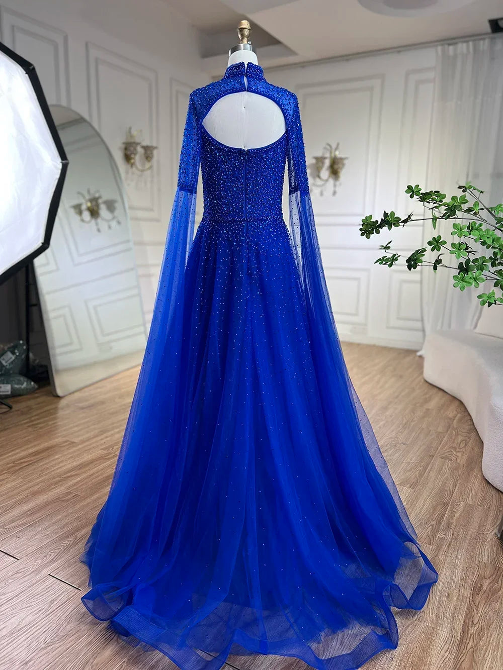 Serene Hill Arabic Blue Cape Sleeves A Line Beaded Luxury Dubai Evening Dresses Wedding Party Gowns For Women 2025 LA72191 - SERENE HILL