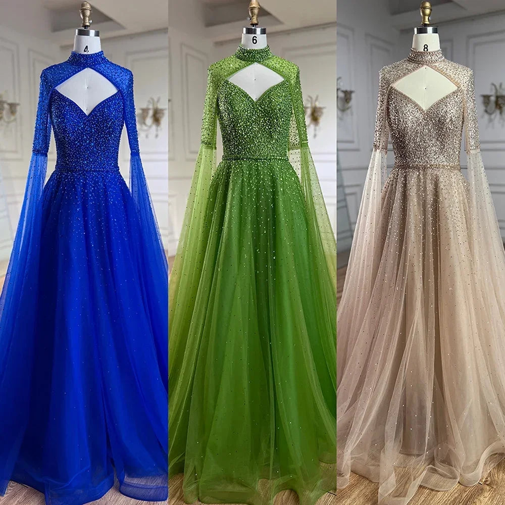 Serene Hill Arabic Blue Cape Sleeves A Line Beaded Luxury Dubai Evening Dresses Wedding Party Gowns For Women 2025 LA72191 - SERENE HILL
