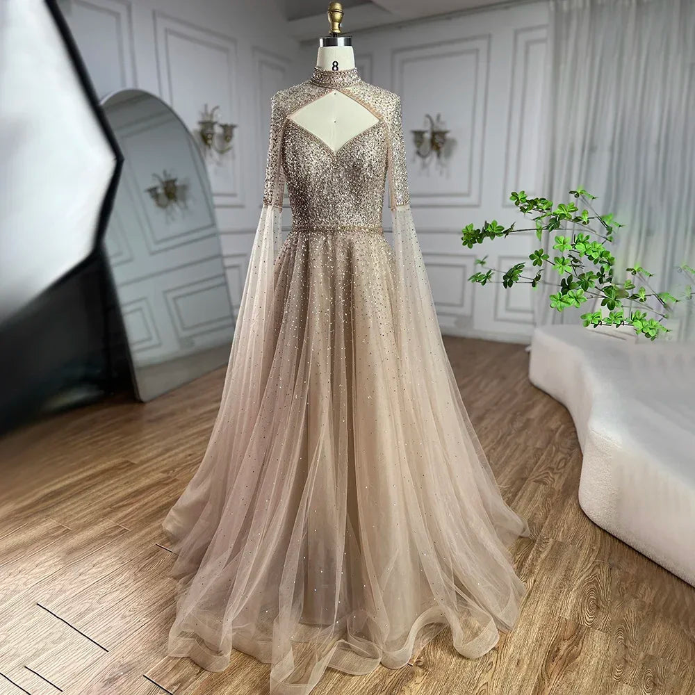 Serene Hill Arabic Blue Cape Sleeves A Line Beaded Luxury Dubai Evening Dresses Wedding Party Gowns For Women 2025 LA72191 - SERENE HILL