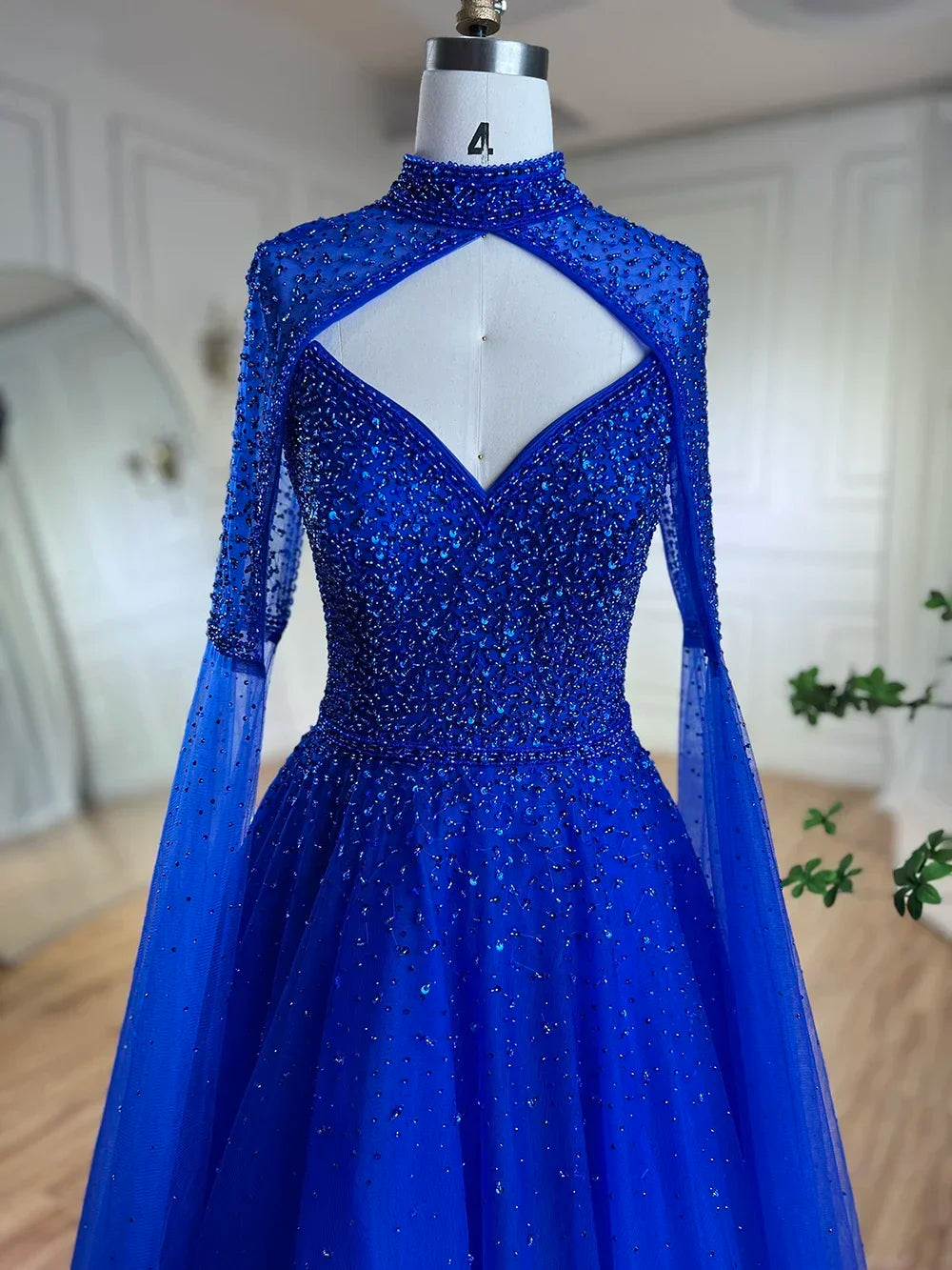 Serene Hill Arabic Blue Cape Sleeves A Line Beaded Luxury Dubai Evening Dresses Wedding Party Gowns For Women 2025 LA72191 - SERENE HILL
