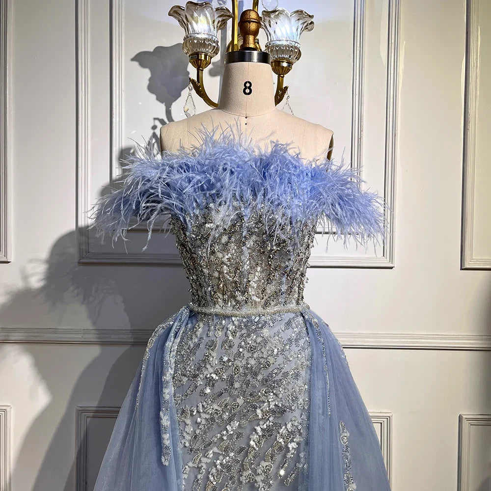 Blue Diamond Feather Mermaid Evening Dress With Overskirt LA72061 - SERENE HILL