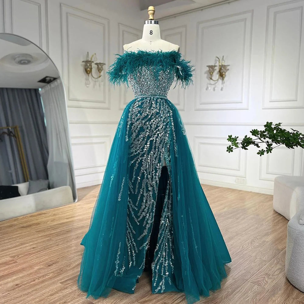 Blue Diamond Feather Mermaid Evening Dress With Overskirt LA72061 - SERENE HILL