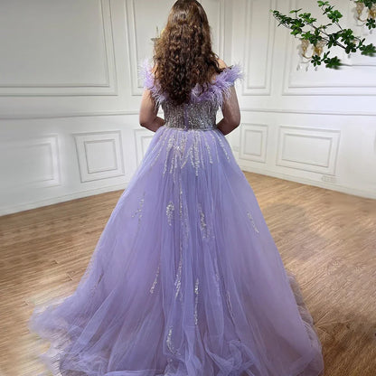 Blue Diamond Feather Mermaid Evening Dress With Overskirt LA72061 - SERENE HILL