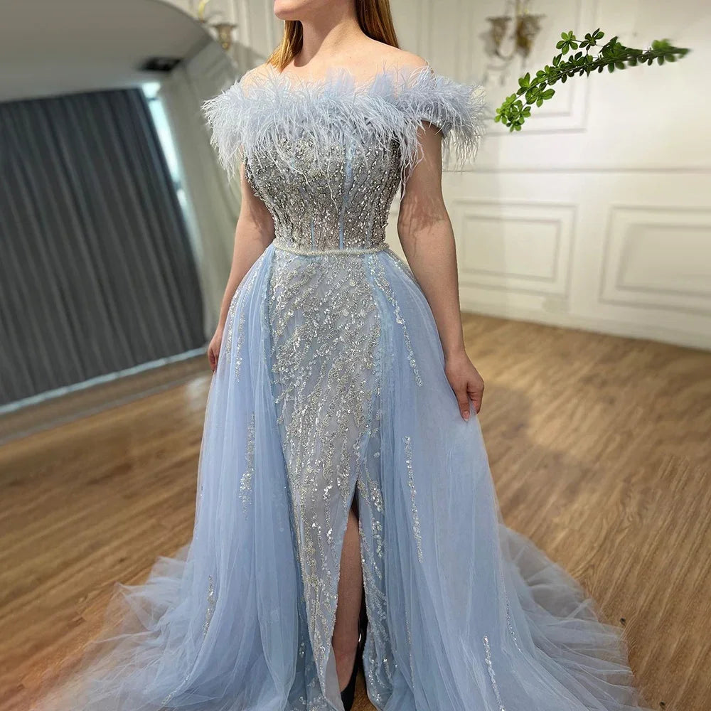 Blue Diamond Feather Mermaid Evening Dress With Overskirt LA72061 – SERENE  HILL