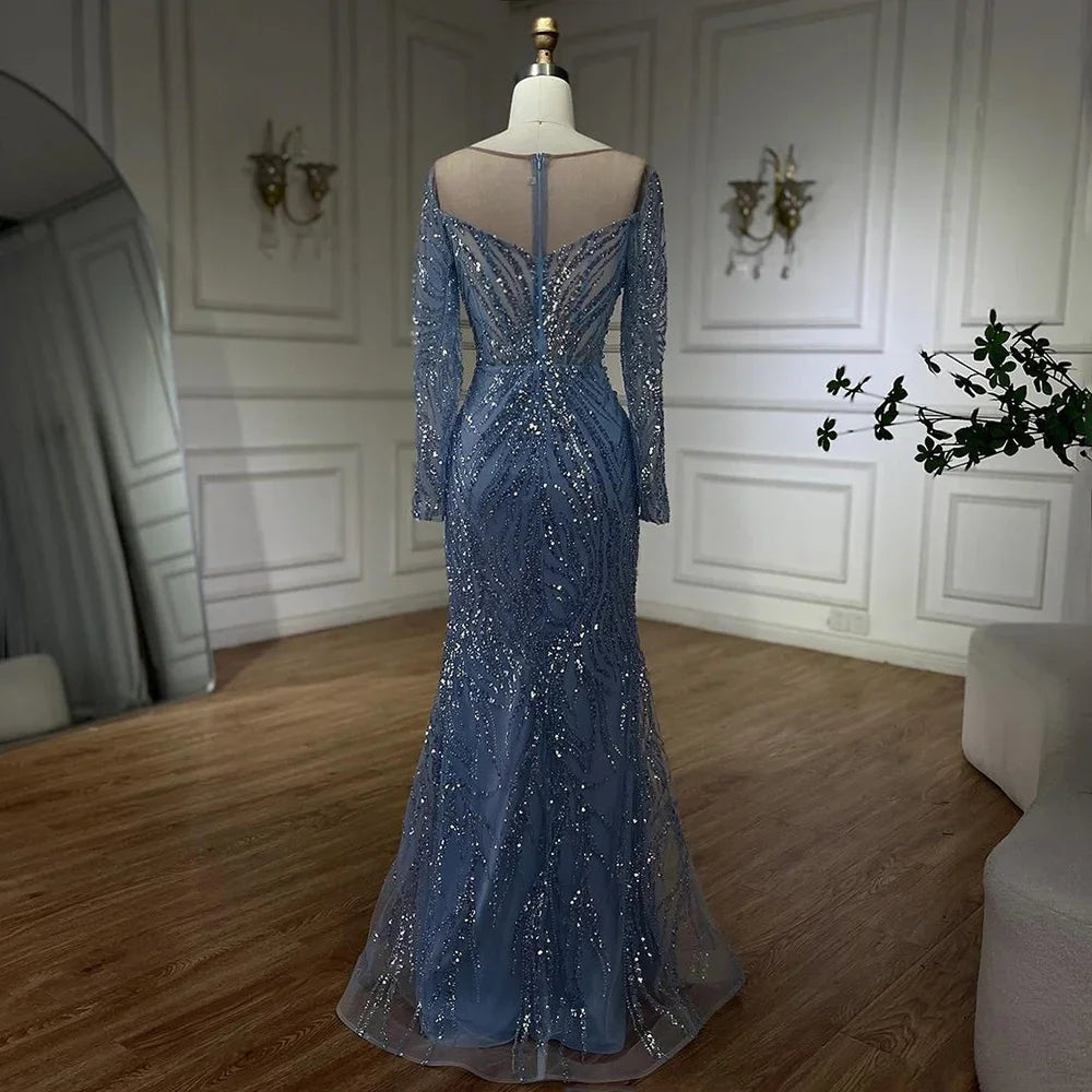 Serene Hill Blue Elegant Mermaid Dubai Arabia Luxury Beaded Pearls Evening Dresses Gowns 2025 For Women Wedding Party LA72264 - SERENE HILL