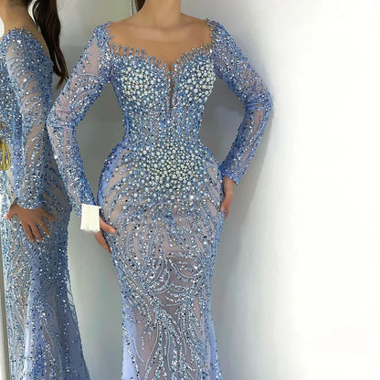 Serene Hill Blue Elegant Mermaid Dubai Arabia Luxury Beaded Pearls Evening Dresses Gowns 2025 For Women Wedding Party LA72264 - SERENE HILL