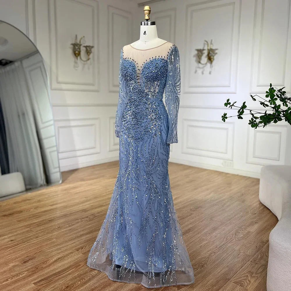 Serene Hill Blue Elegant Mermaid Dubai Arabia Luxury Beaded Pearls Evening Dresses Gowns 2025 For Women Wedding Party LA72264 - SERENE HILL