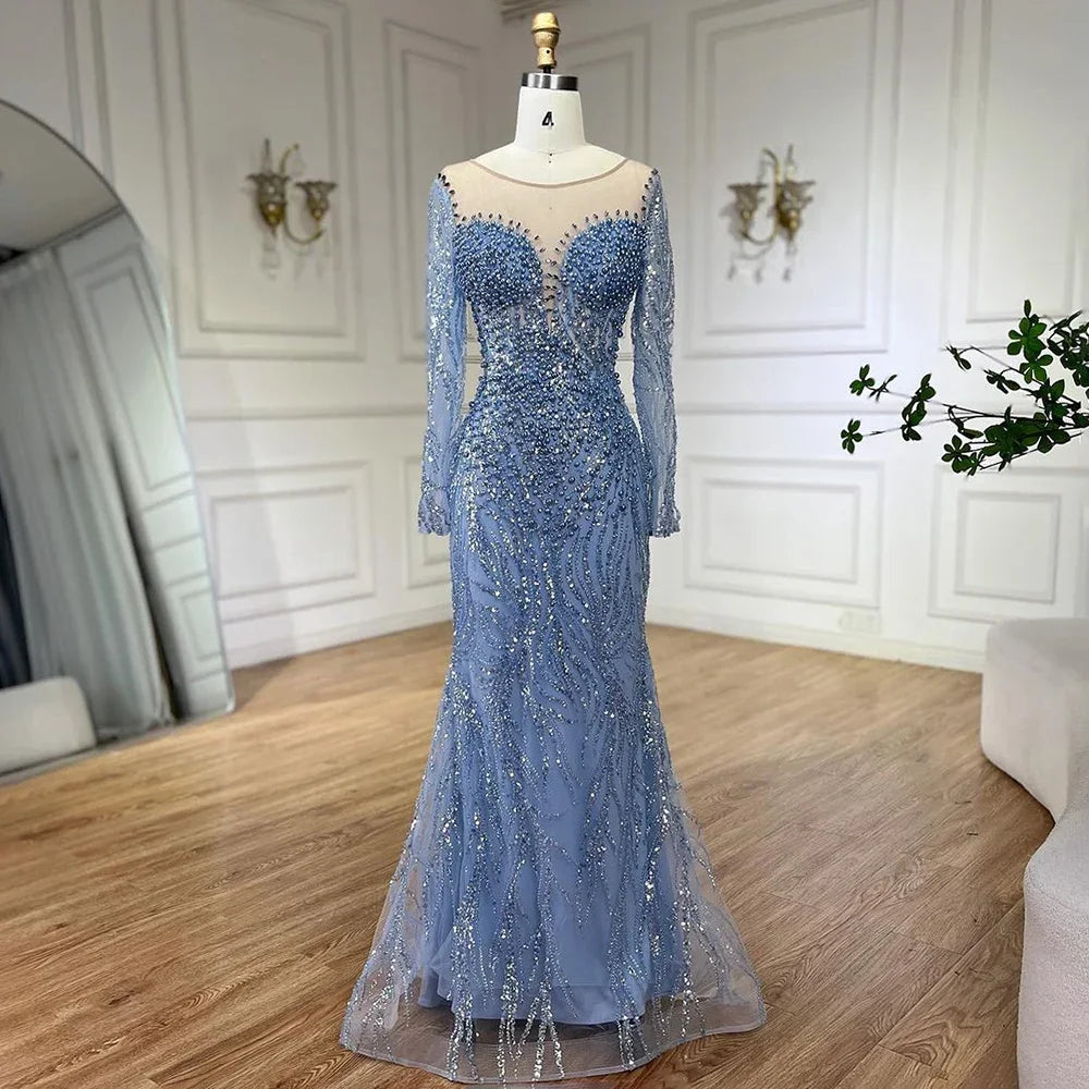 Serene Hill Blue Elegant Mermaid Dubai Arabia Luxury Beaded Pearls Evening Dresses Gowns 2025 For Women Wedding Party LA72264 - SERENE HILL
