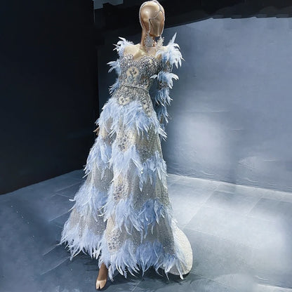 Serene Hill Blue Feathers Luxury Beaded A Line Long Sleeves Elegant Evening Dress 2025 For Women Formal Party Gown LA71816 - SERENE HILL