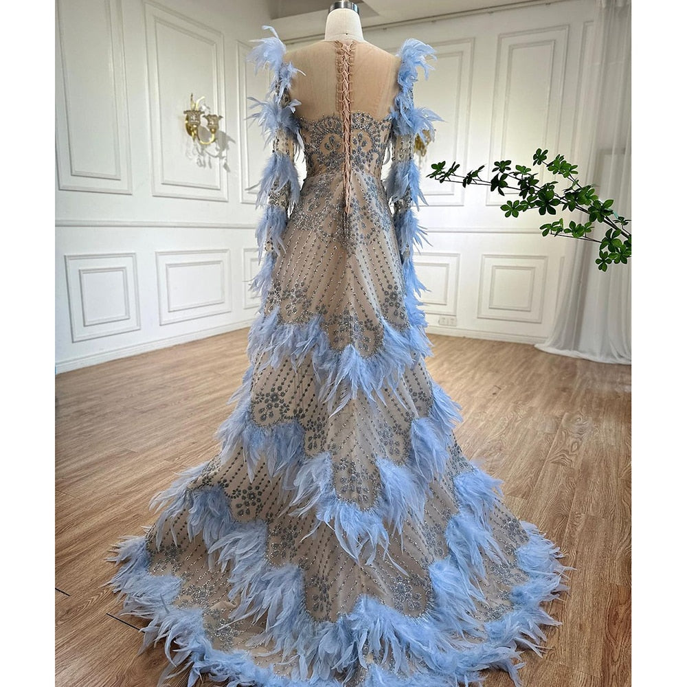 Serene Hill Blue Feathers Luxury Beaded A Line Long Sleeves Elegant Evening Dress 2025 For Women Formal Party Gown LA71816 - SERENE HILL