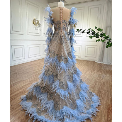 Serene Hill Blue Feathers Luxury Beaded A Line Long Sleeves Elegant Evening Dress 2025 For Women Formal Party Gown LA71816 - SERENE HILL