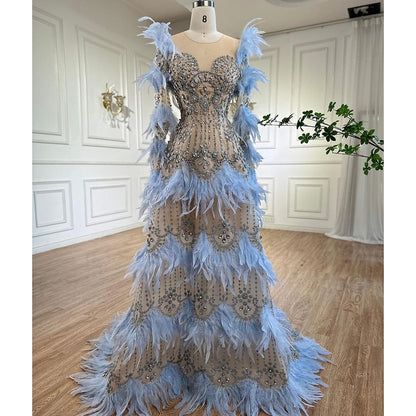 Serene Hill Blue Feathers Luxury Beaded A Line Long Sleeves Elegant Evening Dress 2025 For Women Formal Party Gown LA71816 - SERENE HILL