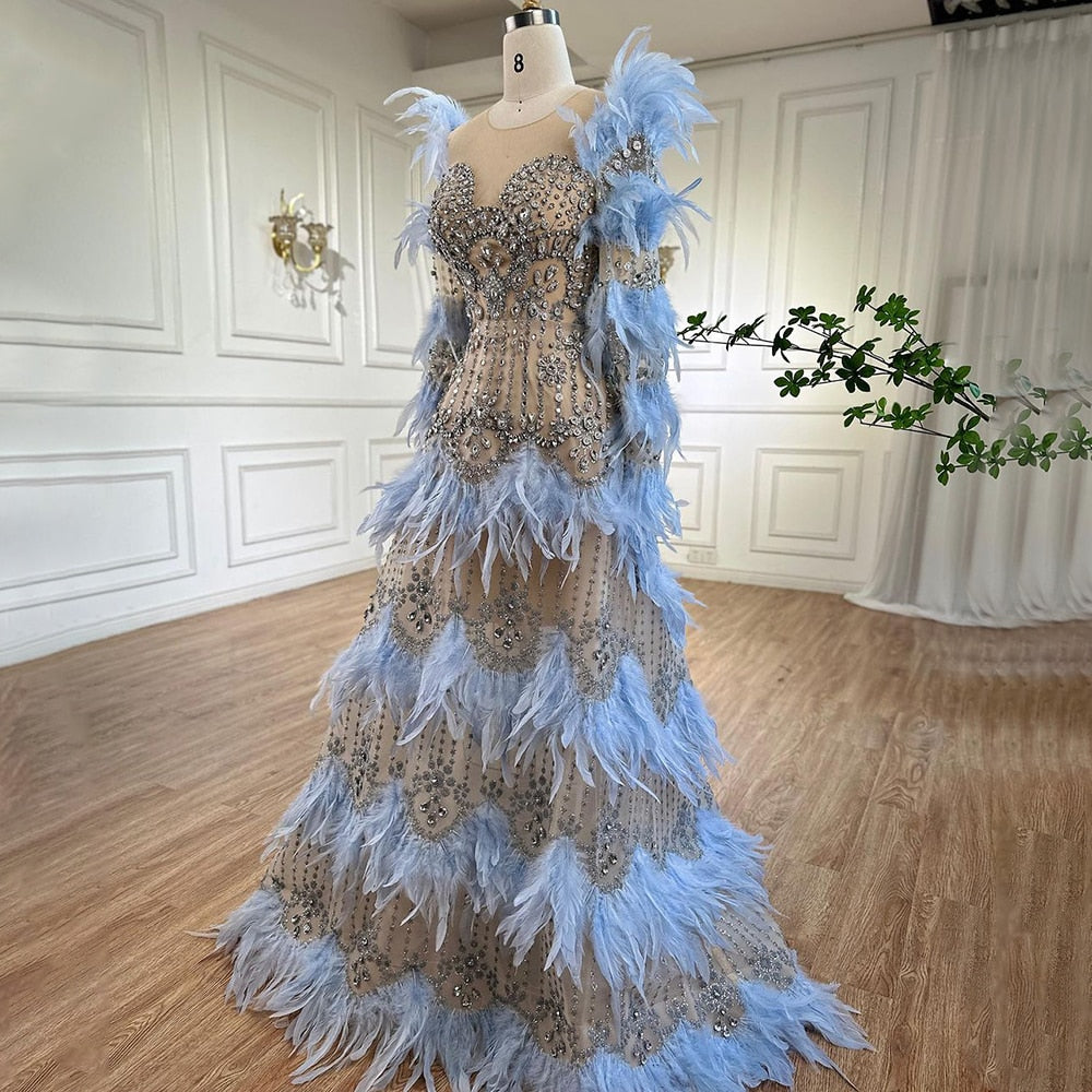 Serene Hill Blue Feathers Luxury Beaded A Line Long Sleeves Elegant Evening Dress 2025 For Women Formal Party Gown LA71816 - SERENE HILL