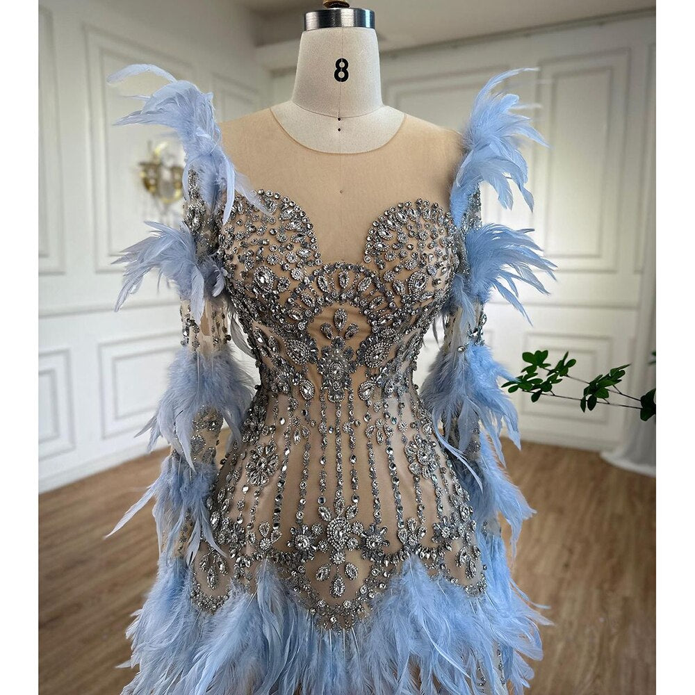 Serene Hill Blue Feathers Luxury Beaded A Line Long Sleeves Elegant Evening Dress 2025 For Women Formal Party Gown LA71816 - SERENE HILL