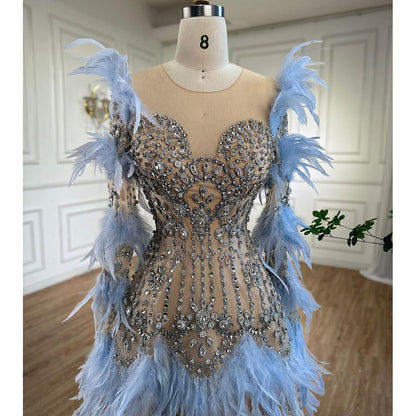 Serene Hill Blue Feathers Luxury Beaded A Line Long Sleeves Elegant Evening Dress 2025 For Women Formal Party Gown LA71816 - SERENE HILL