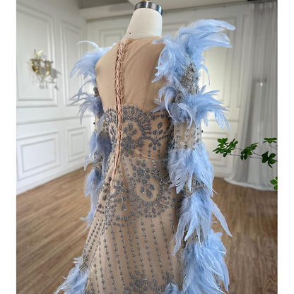 Serene Hill Blue Feathers Luxury Beaded A Line Long Sleeves Elegant Evening Dress 2025 For Women Formal Party Gown LA71816 - SERENE HILL