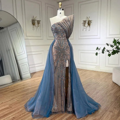 Serene Hill Blue High Split With Overskirt Mermaid Luxury Beaded Dubai Evening Dresses for Women Wedding Party 2025 LA71921A - SERENE HILL