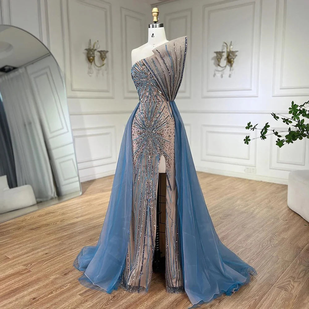 Serene Hill Blue High Split With Overskirt Mermaid Luxury Beaded Dubai Evening Dresses for Women Wedding Party 2025 LA71921A - SERENE HILL