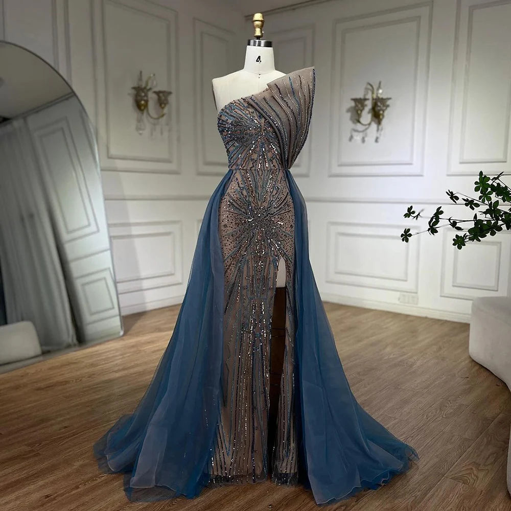 Serene Hill Blue High Split With Overskirt Mermaid Luxury Beaded Dubai Evening Dresses for Women Wedding Party 2025 LA71921A - SERENE HILL