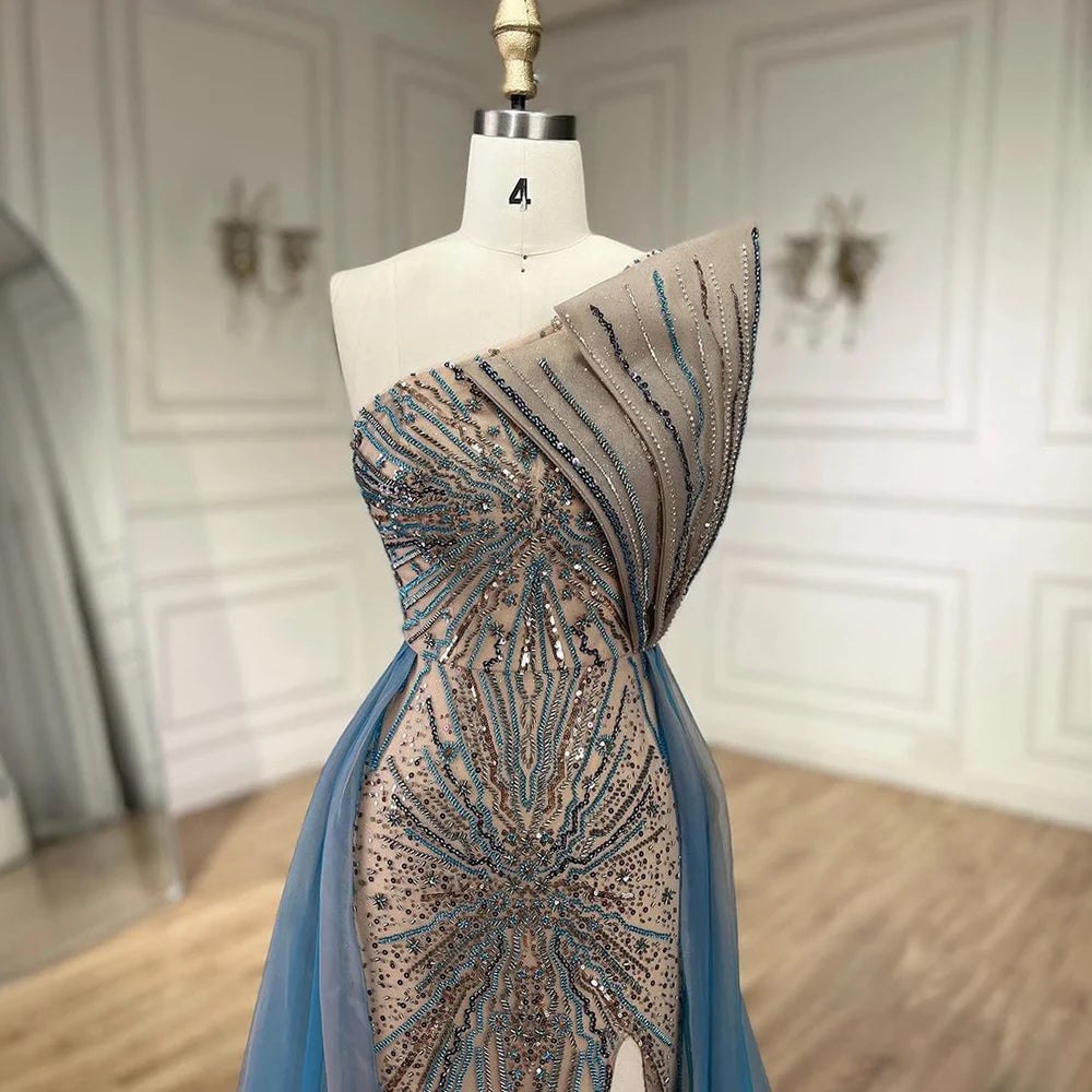 Serene Hill Blue High Split With Overskirt Mermaid Luxury Beaded Dubai Evening Dresses for Women Wedding Party 2025 LA71921A - SERENE HILL