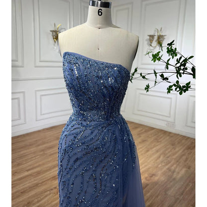 Serene Hill Blue High Split With Skirt Mermaid Beaded Evening Dresses Gowns For Women Party 2025 LA71795 - SERENE HILL
