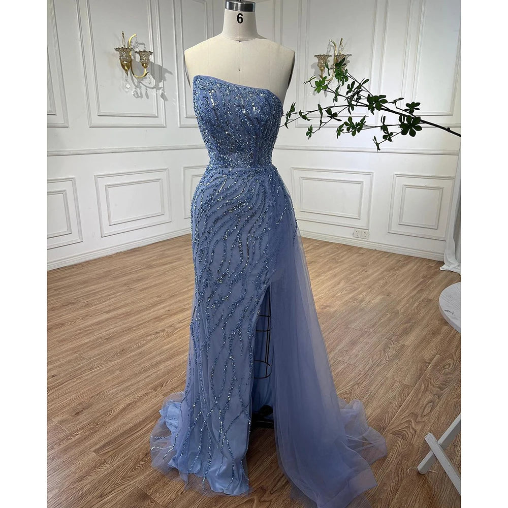 Serene Hill Blue High Split With Skirt Mermaid Beaded Evening Dresses Gowns For Women Party 2025 LA71795 - SERENE HILL