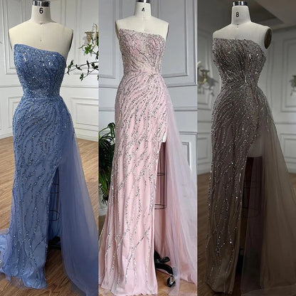 Serene Hill Blue High Split With Skirt Mermaid Beaded Evening Dresses Gowns For Women Party 2025 LA71795 - SERENE HILL