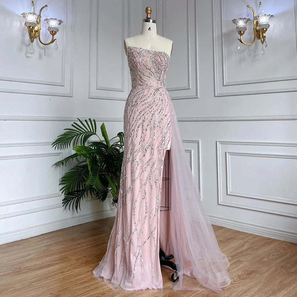 Serene Hill Blue High Split With Skirt Mermaid Beaded Evening Dresses Gowns For Women Party 2025 LA71795 - SERENE HILL
