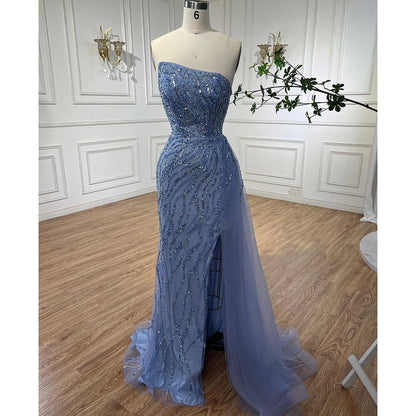 Serene Hill Blue High Split With Skirt Mermaid Beaded Evening Dresses Gowns For Women Party 2025 LA71795 - SERENE HILL