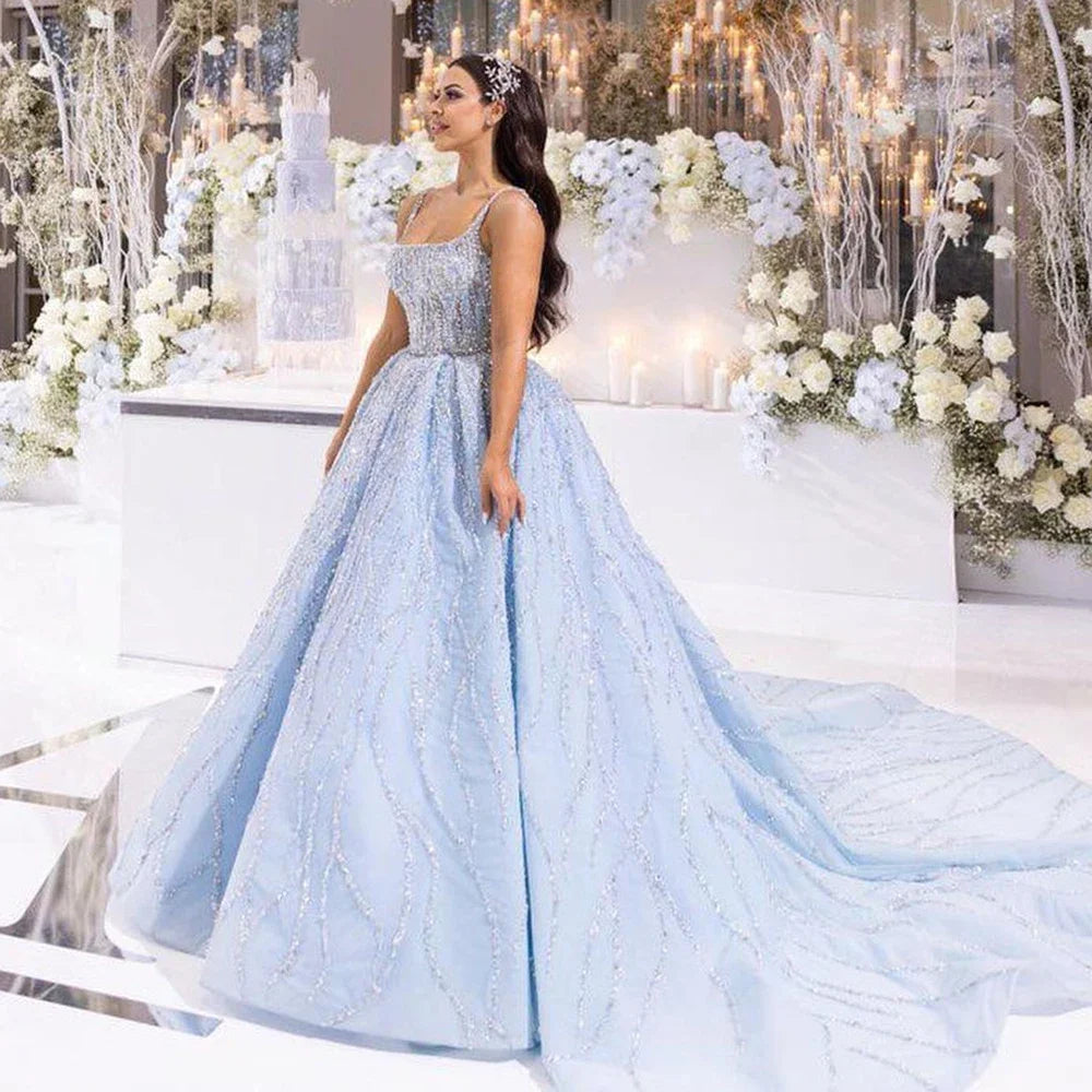 Serene Hill Blue Luxury High end Wedding Dresses 2025 Beaded Sleeveless Lace Up Bridal Dress HM67331 Custom Made - SERENE HILL