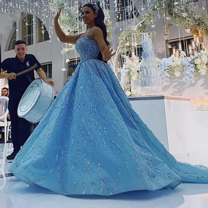 Serene Hill Blue Luxury High end Wedding Dresses 2025 Beaded Sleeveless Lace Up Bridal Dress HM67331 Custom Made - SERENE HILL