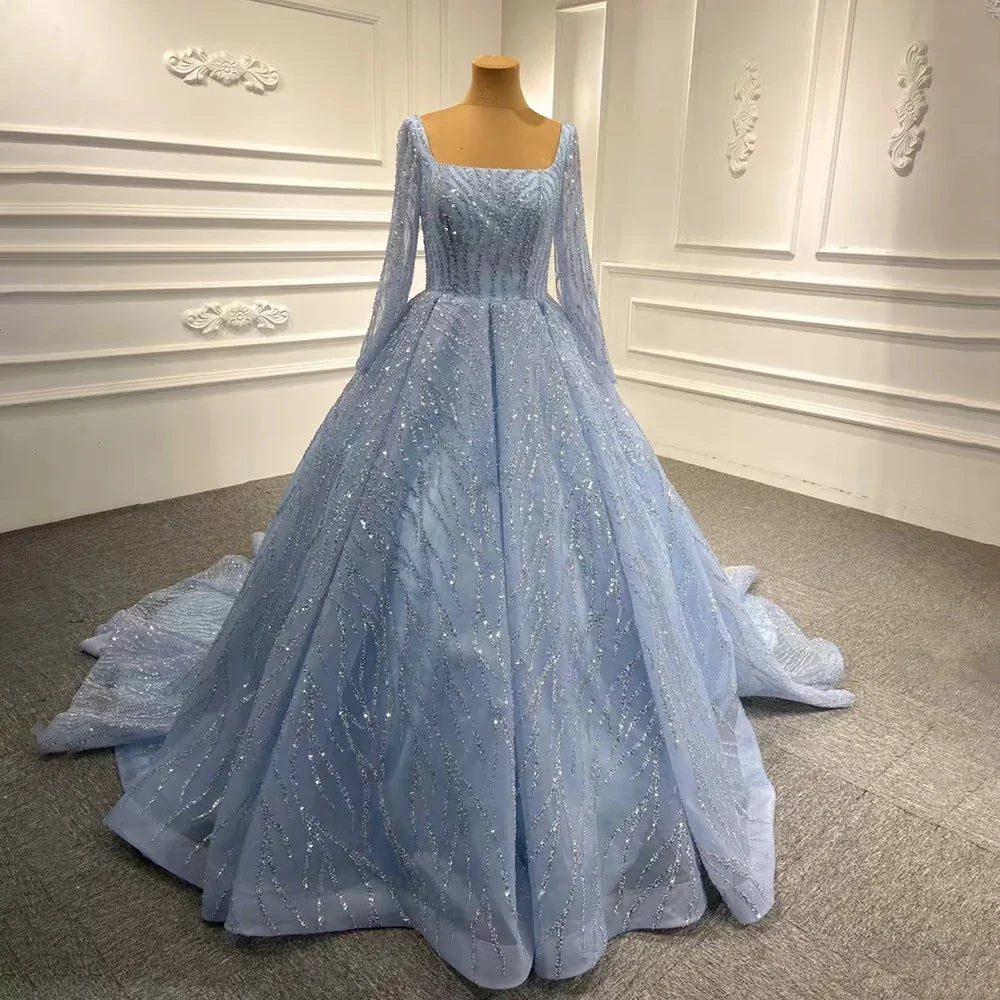 Serene Hill Blue Luxury High end Wedding Dresses 2025 Beaded Sleeveless Lace Up Bridal Dress HM67331 Custom Made - SERENE HILL