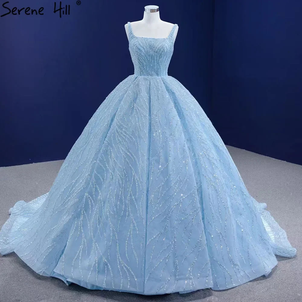 Serene Hill Blue Luxury High end Wedding Dresses 2025 Beaded Sleeveless Lace Up Bridal Dress HM67331 Custom Made - SERENE HILL