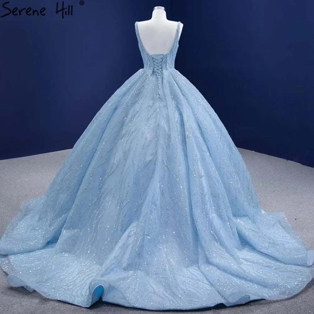 Serene Hill Blue Luxury High end Wedding Dresses 2025 Beaded Sleeveless Lace Up Bridal Dress HM67331 Custom Made - SERENE HILL