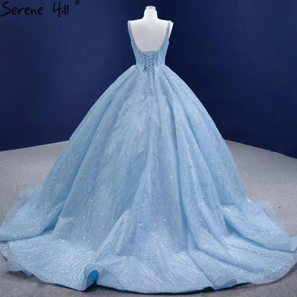 Serene Hill Blue Luxury High end Wedding Dresses 2025 Beaded Sleeveless Lace Up Bridal Dress HM67331 Custom Made - SERENE HILL