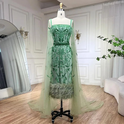 Blue Mermaid Ankle Length Feather Beaded Evening Dress Gown with Cape LA71841A - SERENE HILL