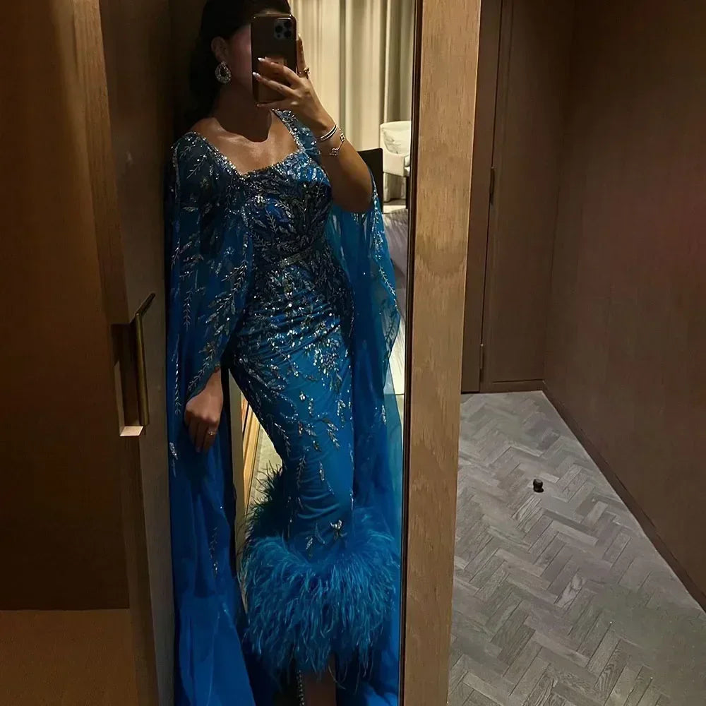 Blue Mermaid Ankle Length Feather Beaded Evening Dress Gown with Cape LA71841A - SERENE HILL