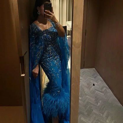 Blue Mermaid Ankle Length Feather Beaded Evening Dress Gown with Cape LA71841A - SERENE HILL