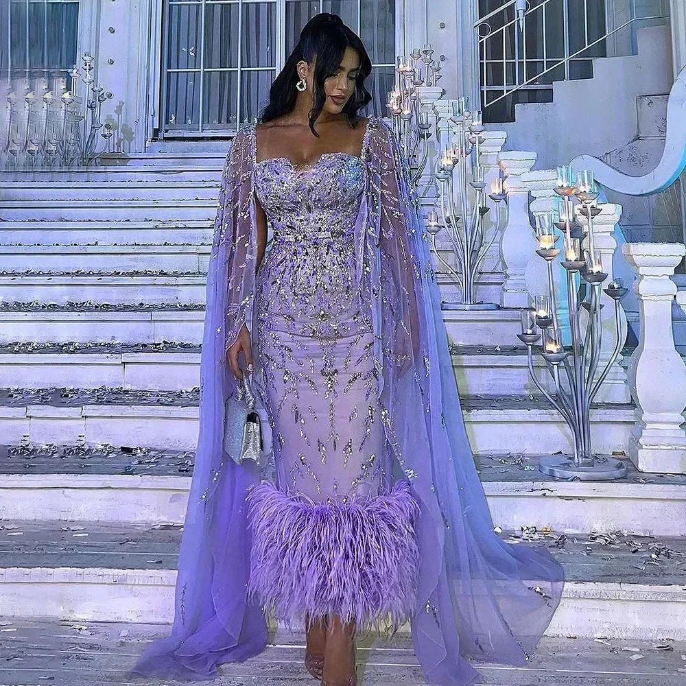 Blue Mermaid Ankle Length Feather Beaded Evening Dress Gown with Cape LA71841A - SERENE HILL