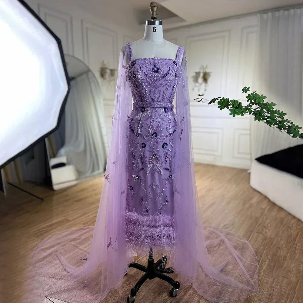 Blue Mermaid Ankle Length Feather Beaded Evening Dress Gown with Cape LA71841A - SERENE HILL