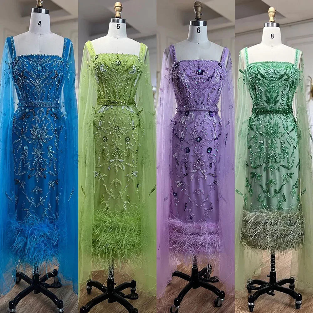 Blue Mermaid Ankle Length Feather Beaded Evening Dress Gown with Cape LA71841A - SERENE HILL
