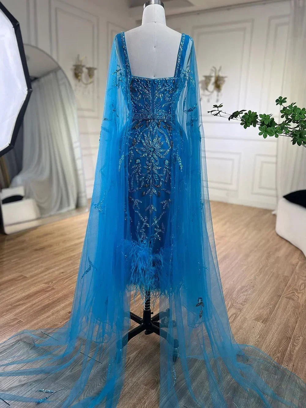 Serene Hill Blue Mermaid Ankle Length Midi Feather Beaded With Cape Evening Dresses  Gowns For Women Wedding Party 2025 LA71841A – SERENE HILL