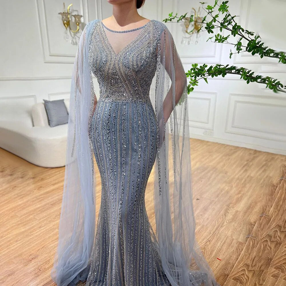 Serene Hill Blue Mermaid Elegant Cape Sleeves Beaded Arabic Long Evening Dresses Gowns For Women Wedding Party 2025 LA72173 - SERENE HILL