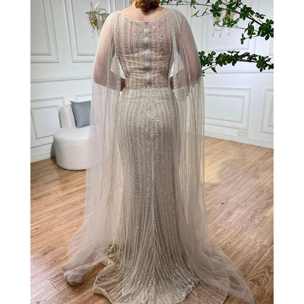 Serene Hill Blue Mermaid Elegant Cape Sleeves Beaded Arabic Long Evening Dresses Gowns For Women Wedding Party 2025 LA72173 - SERENE HILL
