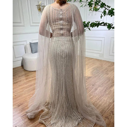 Serene Hill Blue Mermaid Elegant Cape Sleeves Beaded Arabic Long Evening Dresses Gowns For Women Wedding Party 2025 LA72173 - SERENE HILL