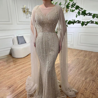 Serene Hill Blue Mermaid Elegant Cape Sleeves Beaded Arabic Long Evening Dresses Gowns For Women Wedding Party 2025 LA72173 - SERENE HILL