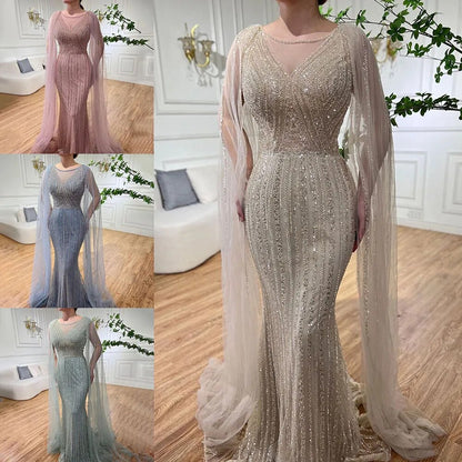 Serene Hill Blue Mermaid Elegant Cape Sleeves Beaded Arabic Long Evening Dresses Gowns For Women Wedding Party 2025 LA72173 - SERENE HILL
