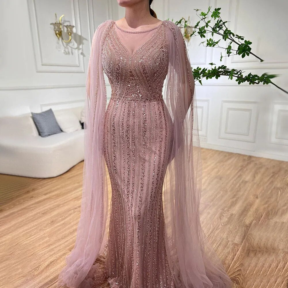 Serene Hill Blue Mermaid Elegant Cape Sleeves Beaded Arabic Long Evening Dresses Gowns For Women Wedding Party 2025 LA72173 - SERENE HILL